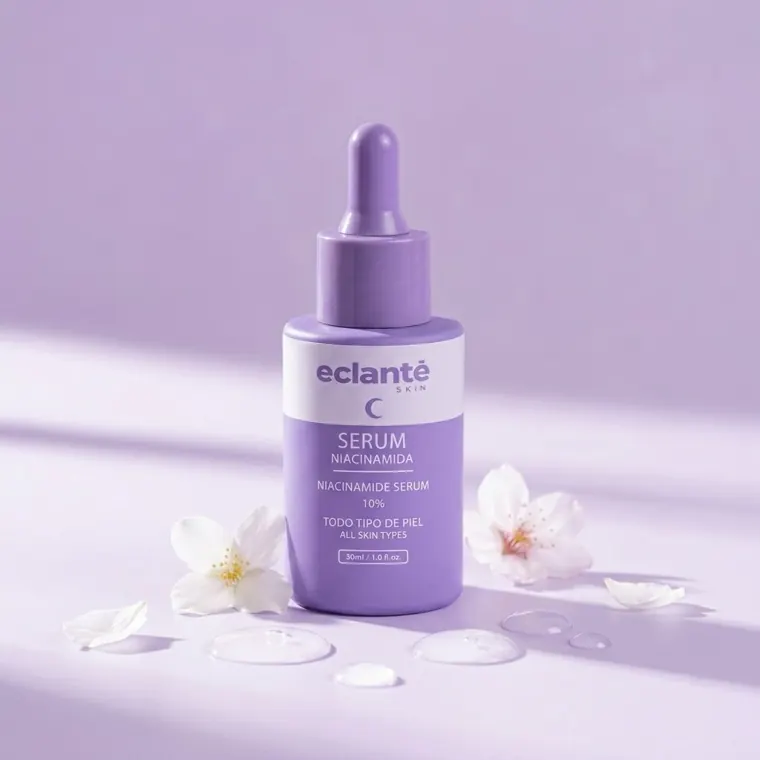 Serum de niacinamida Eclante Skin 30ml sobre fondo lila con flores
